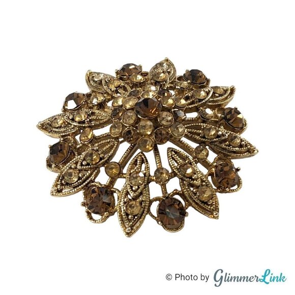 Vintage LC Liz Claiborne Orange & Brown Floral Burst Gold Tone Brooch Pin - Picture 4 of 9